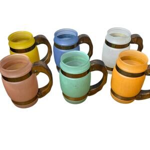 Vintage Siesta Ware Pastel Barrel Wooden Handles 6 Mugs